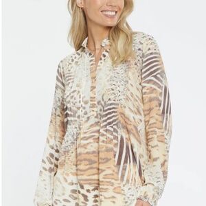 NWT NYDJ Womens Pintuck Blouse Wild Things Animal Cream Tan 3/4 Sleeve size Larg